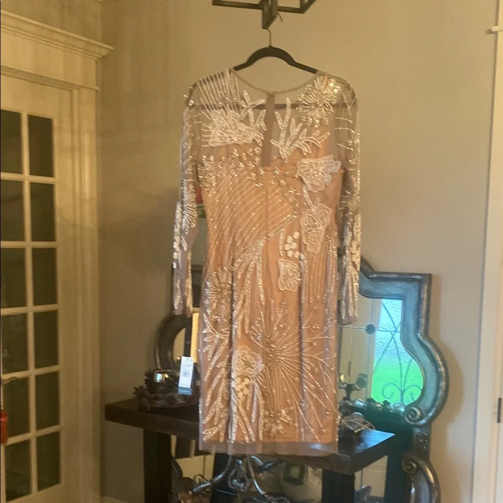 Adrianna Papell Tan and Gold Sheath Dress with Bishop Sleeves - Picture 2 of 5